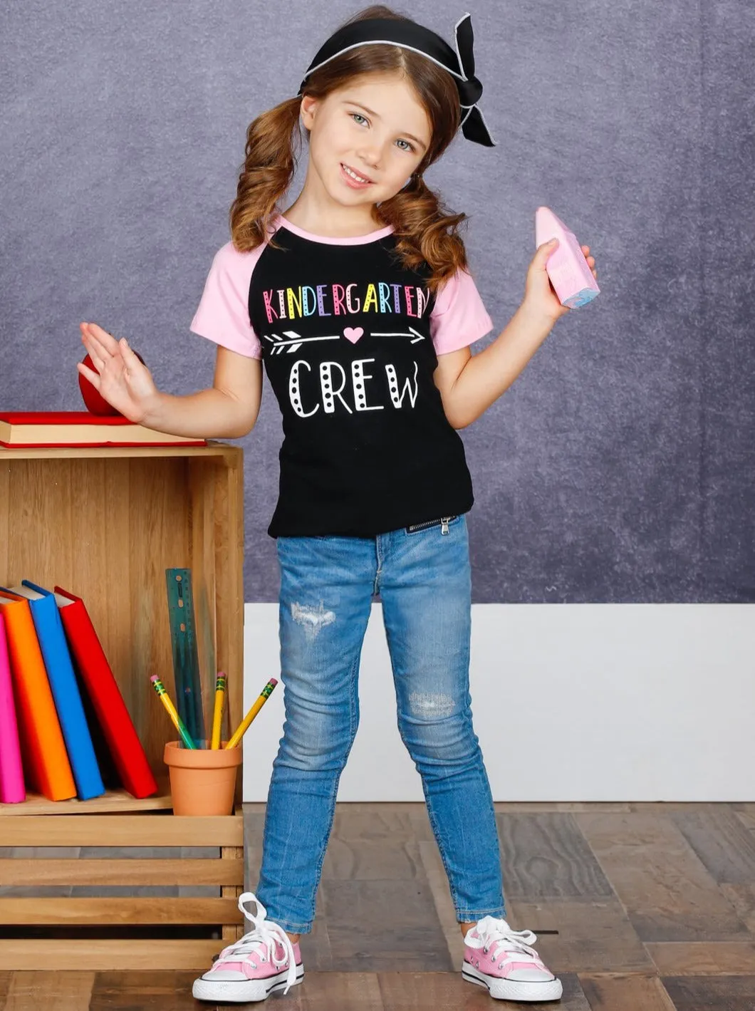 Girls "Kindergarten Crew" Rainbow Raglan Top