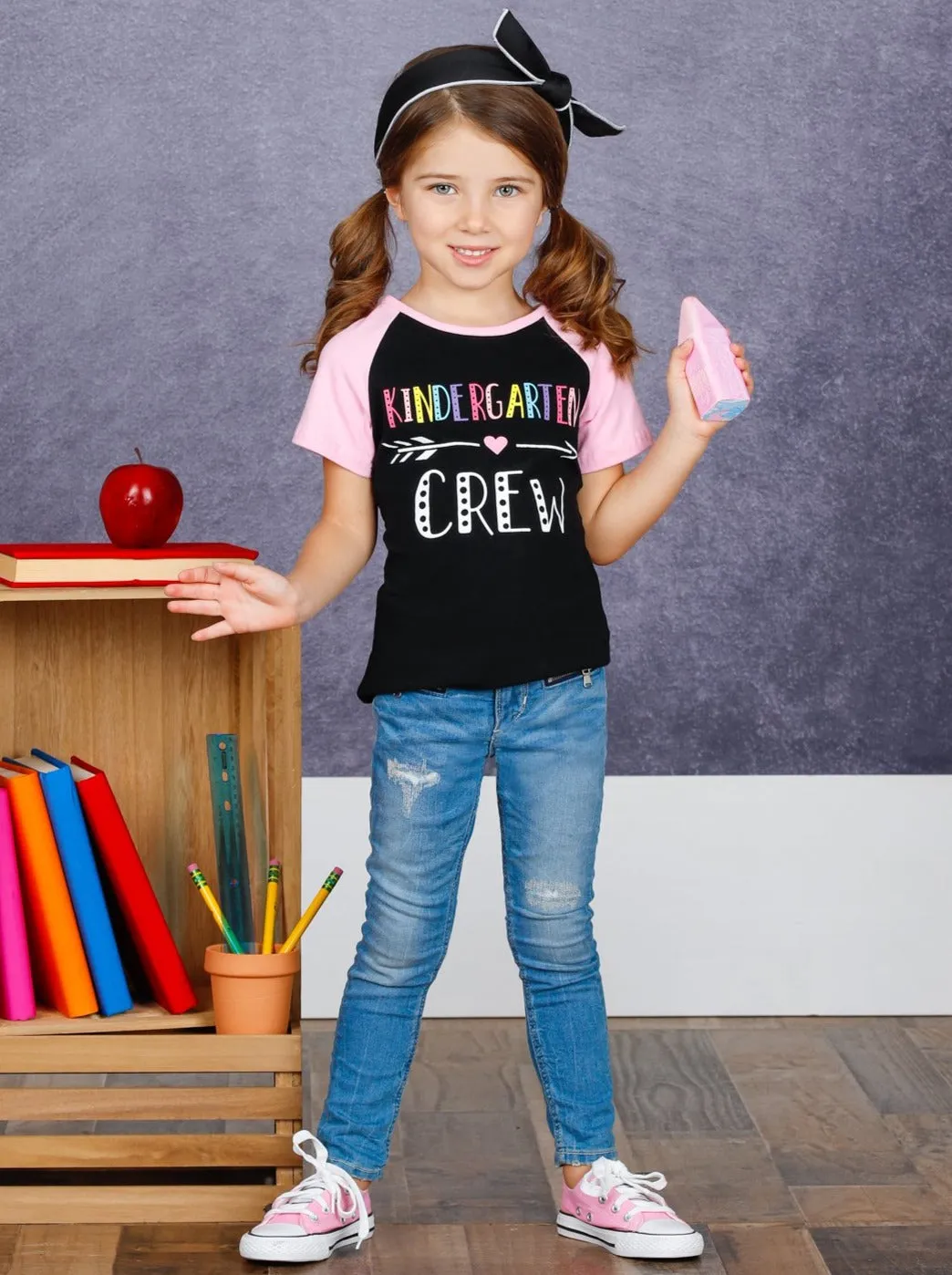 Girls "Kindergarten Crew" Rainbow Raglan Top