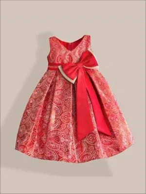 Girls Red And Gold Paisley Print Party Dress with Large Bow