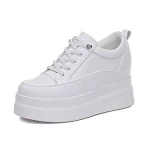 Hnzxzm 100% Genuine Leather Fashion Sneakers Women Flats Brand Ladies Flat Platform Height Increasing 8cm Black White Shoes A4835