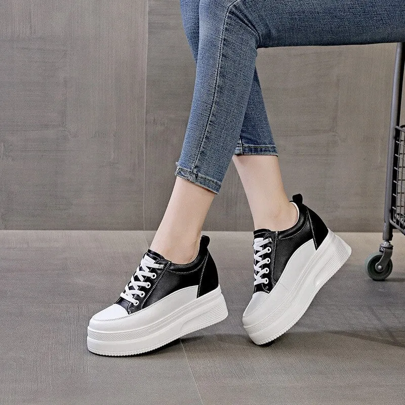 Hnzxzm 100% Genuine Leather Fashion Sneakers Women Flats Brand Ladies Flat Platform Height Increasing 8cm Black White Shoes A4835