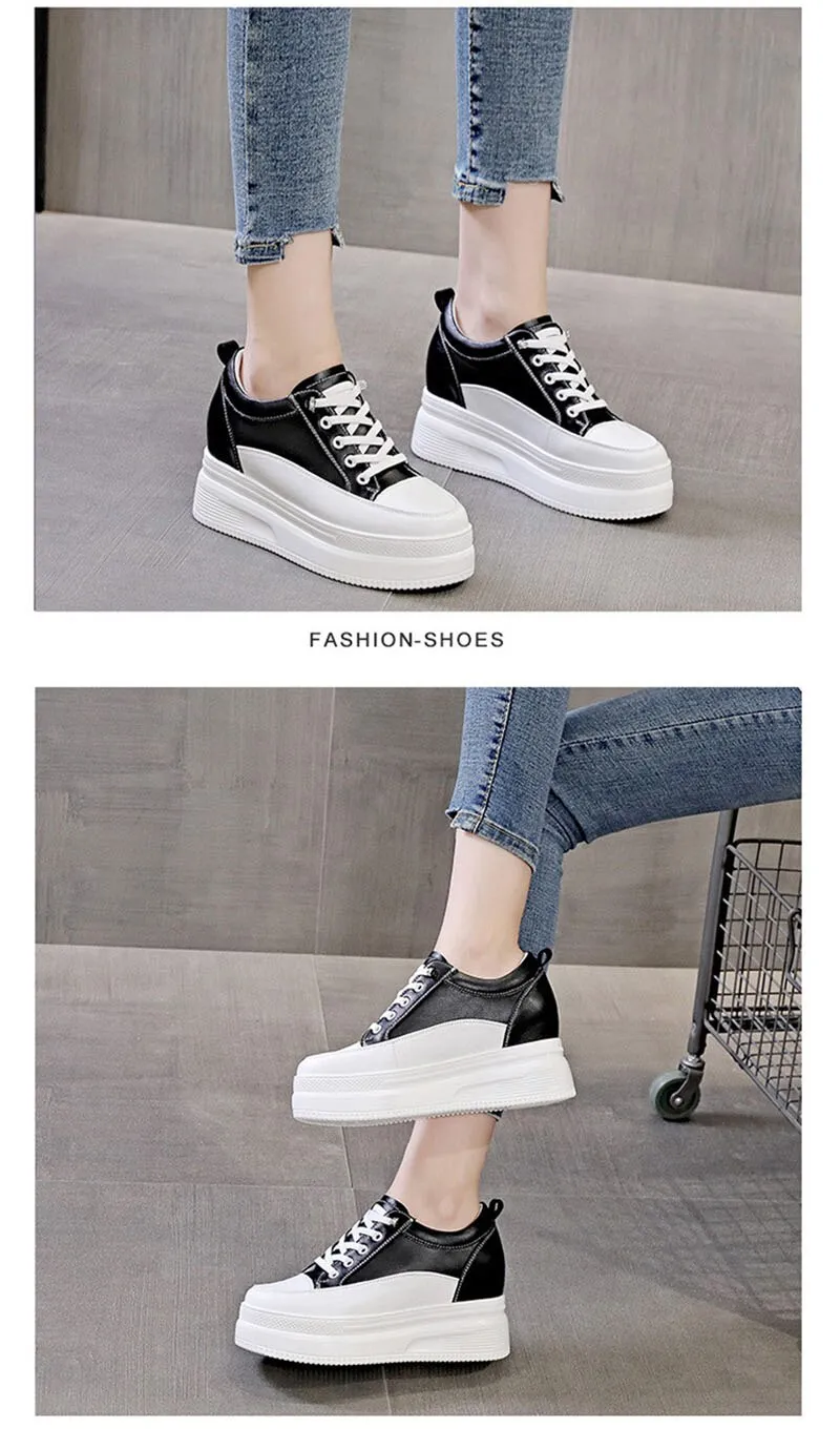 Hnzxzm 100% Genuine Leather Fashion Sneakers Women Flats Brand Ladies Flat Platform Height Increasing 8cm Black White Shoes A4835