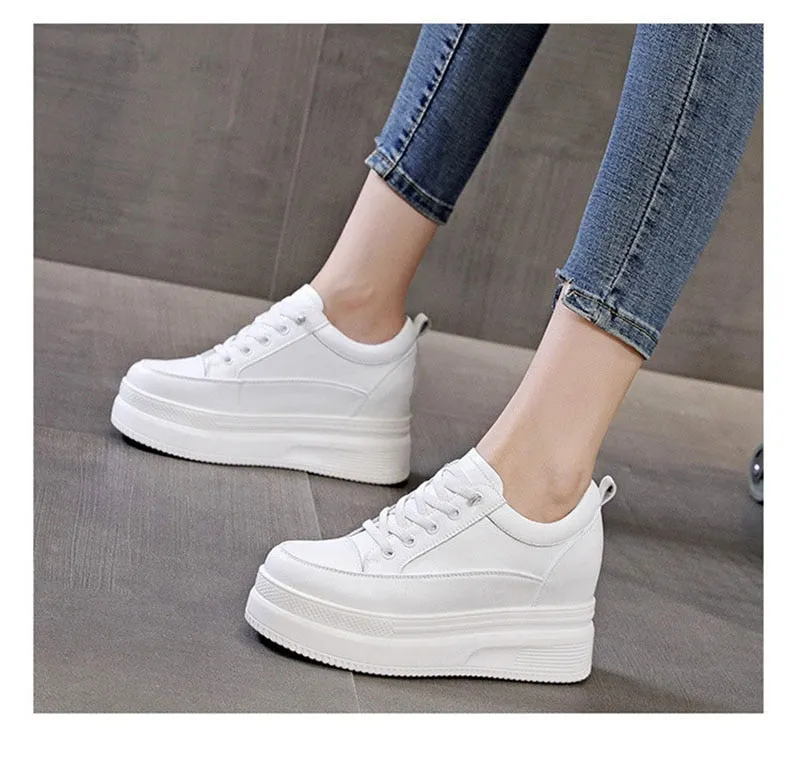 Hnzxzm 100% Genuine Leather Fashion Sneakers Women Flats Brand Ladies Flat Platform Height Increasing 8cm Black White Shoes A4835
