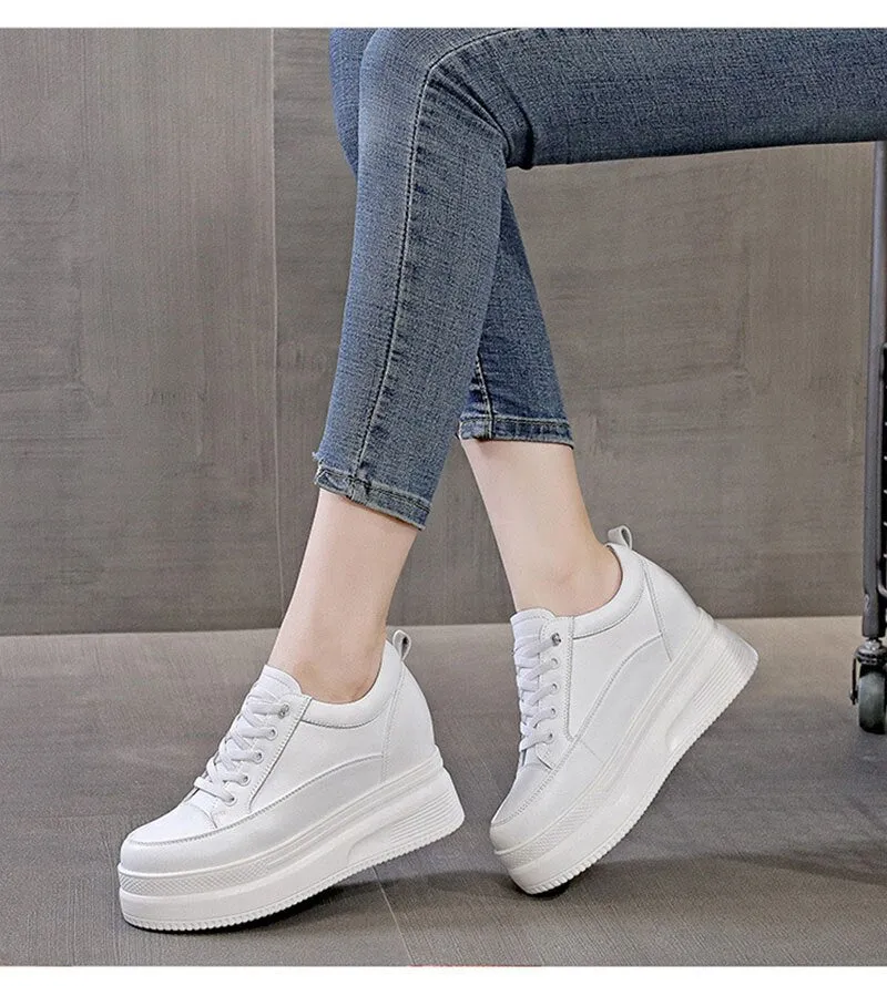 Hnzxzm 100% Genuine Leather Fashion Sneakers Women Flats Brand Ladies Flat Platform Height Increasing 8cm Black White Shoes A4835