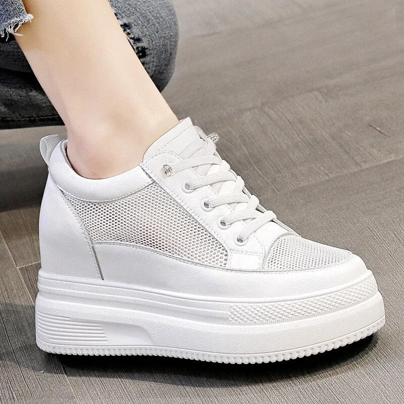 Hnzxzm 100% Genuine Leather Fashion Sneakers Women Flats Brand Ladies Flat Platform Height Increasing 8cm Black White Shoes A4835