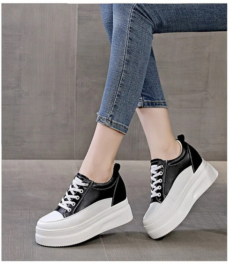 Hnzxzm 100% Genuine Leather Fashion Sneakers Women Flats Brand Ladies Flat Platform Height Increasing 8cm Black White Shoes A4835