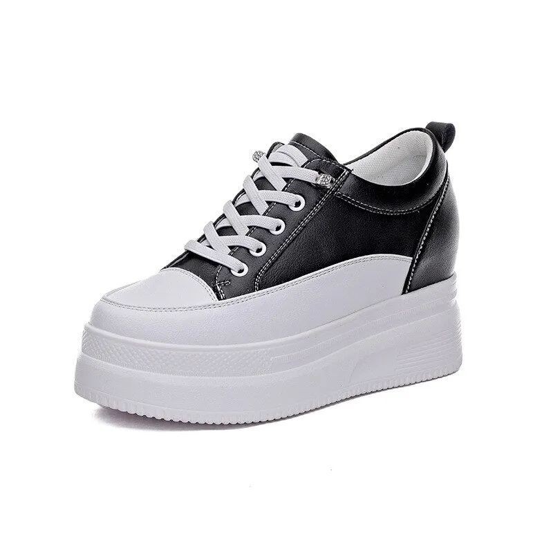 Hnzxzm 100% Genuine Leather Fashion Sneakers Women Flats Brand Ladies Flat Platform Height Increasing 8cm Black White Shoes A4835