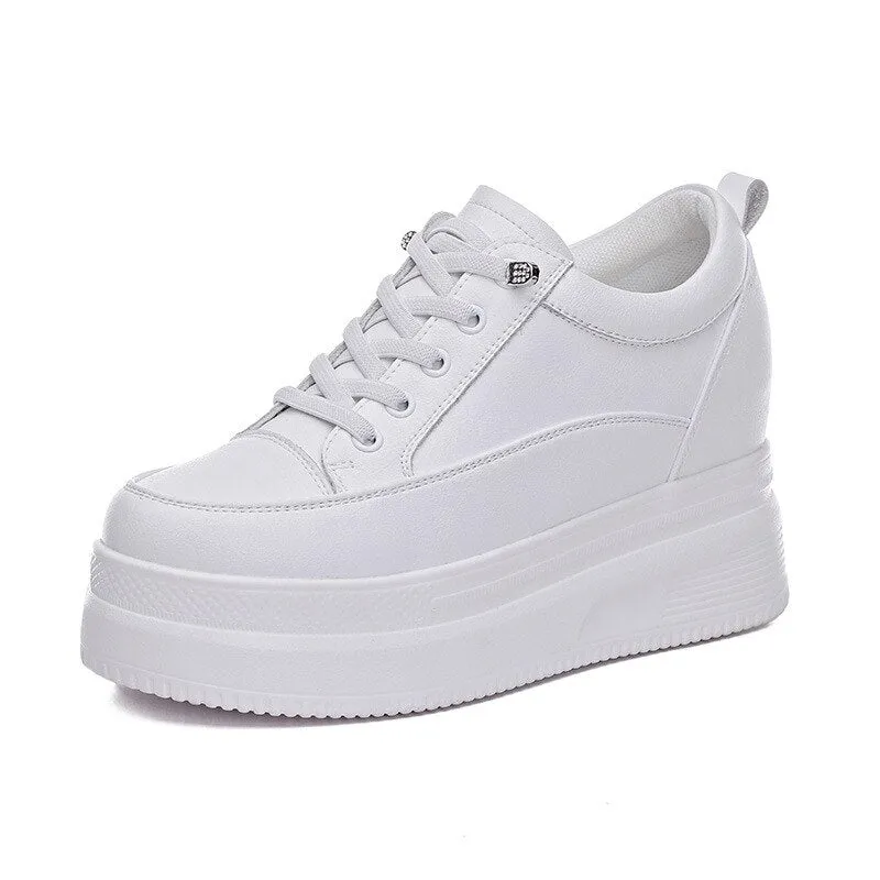 Hnzxzm 100% Genuine Leather Fashion Sneakers Women Flats Brand Ladies Flat Platform Height Increasing 8cm Black White Shoes A4835