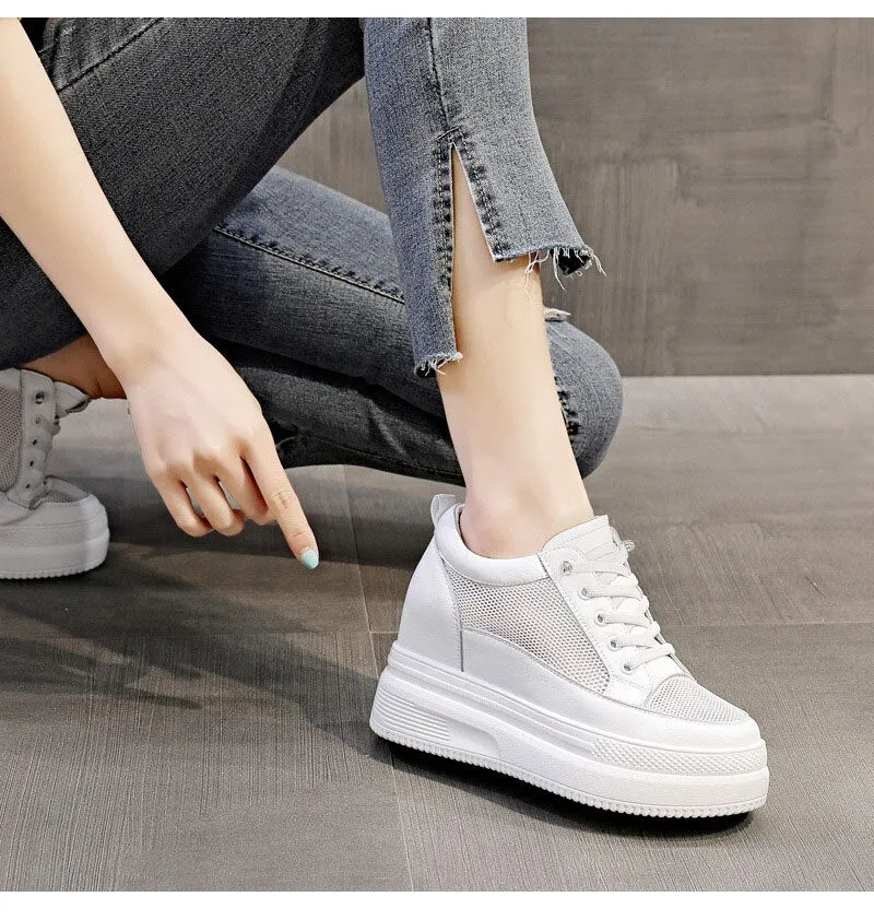 Hnzxzm 100% Genuine Leather Fashion Sneakers Women Flats Brand Ladies Flat Platform Height Increasing 8cm Black White Shoes A4835