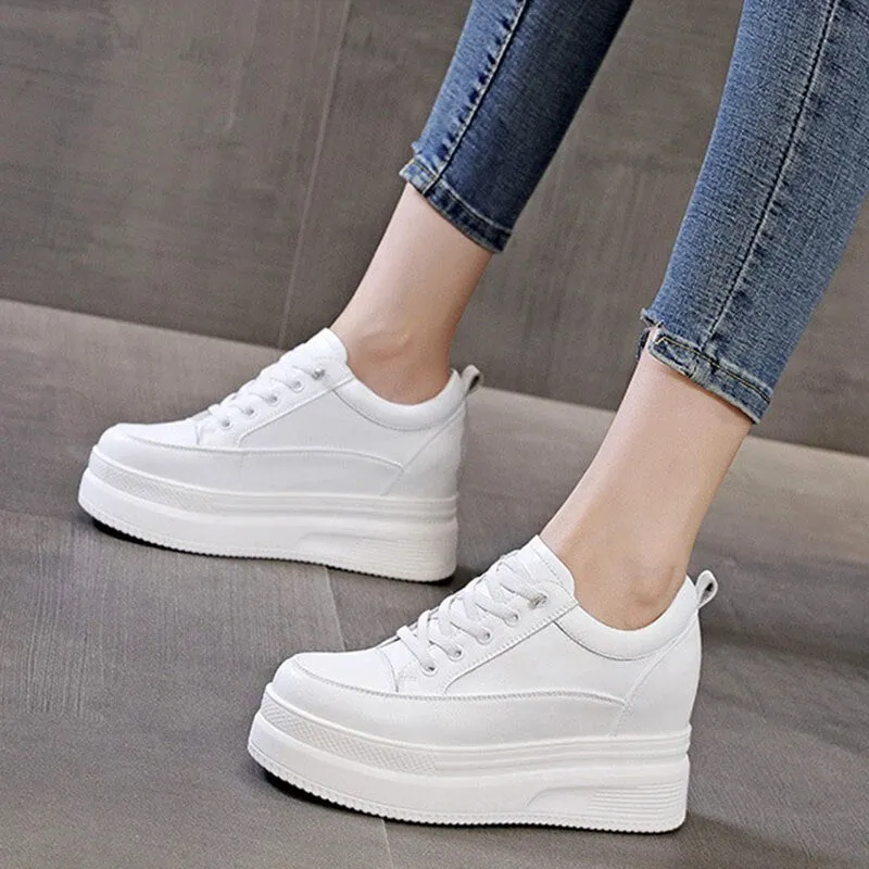 Hnzxzm 100% Genuine Leather Fashion Sneakers Women Flats Brand Ladies Flat Platform Height Increasing 8cm Black White Shoes A4835