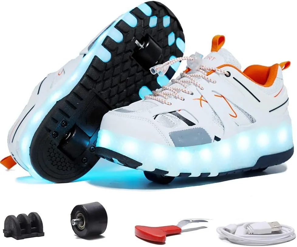 Kids USB Charging Led Light Up Shoes with Wheels Fashion Sneakers Kids Skateboarding for Girls Boys Shoes Comfortable Mesh Surface Thanksgiving Christmas Day Best GiftWhite-USA 5