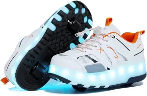 Kids USB Charging Led Light Up Shoes with Wheels Fashion Sneakers Kids Skateboarding for Girls Boys Shoes Comfortable Mesh Surface Thanksgiving Christmas Day Best GiftWhite-USA 5