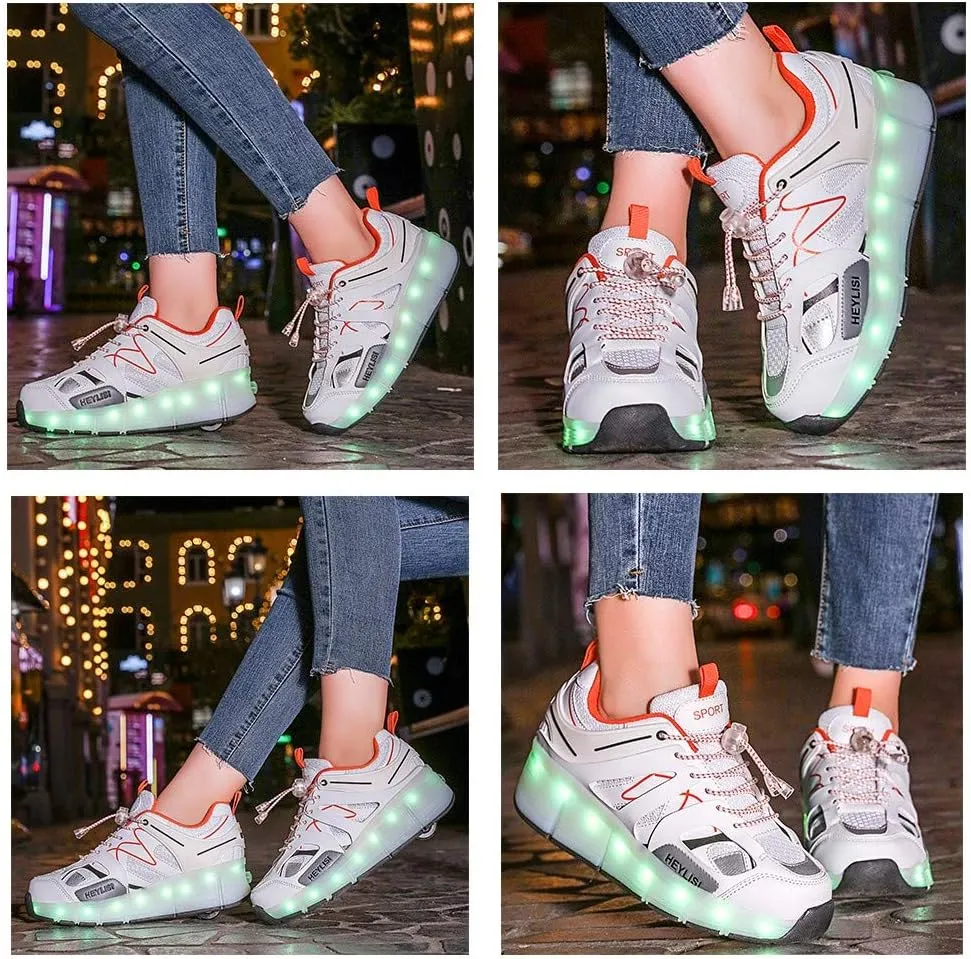 Kids USB Charging Led Light Up Shoes with Wheels Fashion Sneakers Kids Skateboarding for Girls Boys Shoes Comfortable Mesh Surface Thanksgiving Christmas Day Best GiftWhite-USA 5