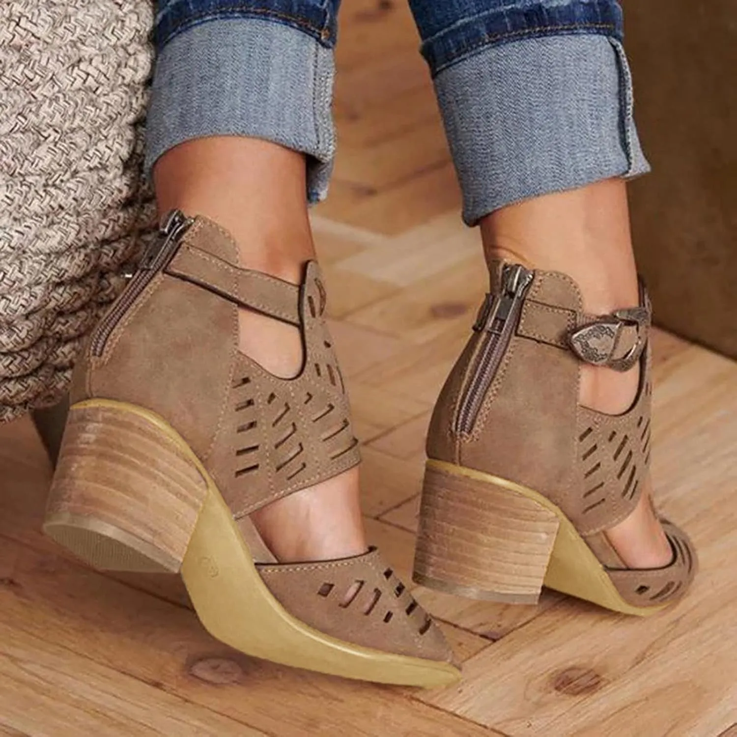 Shoes for Women Dressy, Women's Suede Peep Toe Ankle Booties Cut Out Stacked Block Heel Ankle Boots Women