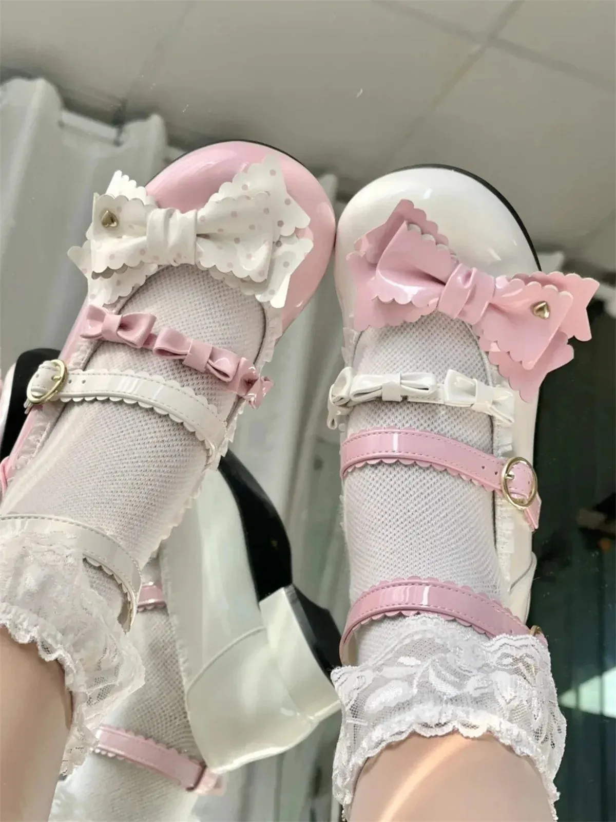 Sohiwoo Japanese Kawaii College Style Sweet Lolita Girls Shoes Mary Jane Dot Love Bowknot Round Head Loli 3-5cm PU Low Heel Shoes