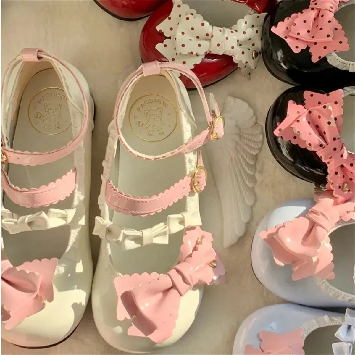 Sohiwoo Japanese Kawaii College Style Sweet Lolita Girls Shoes Mary Jane Dot Love Bowknot Round Head Loli 3-5cm PU Low Heel Shoes