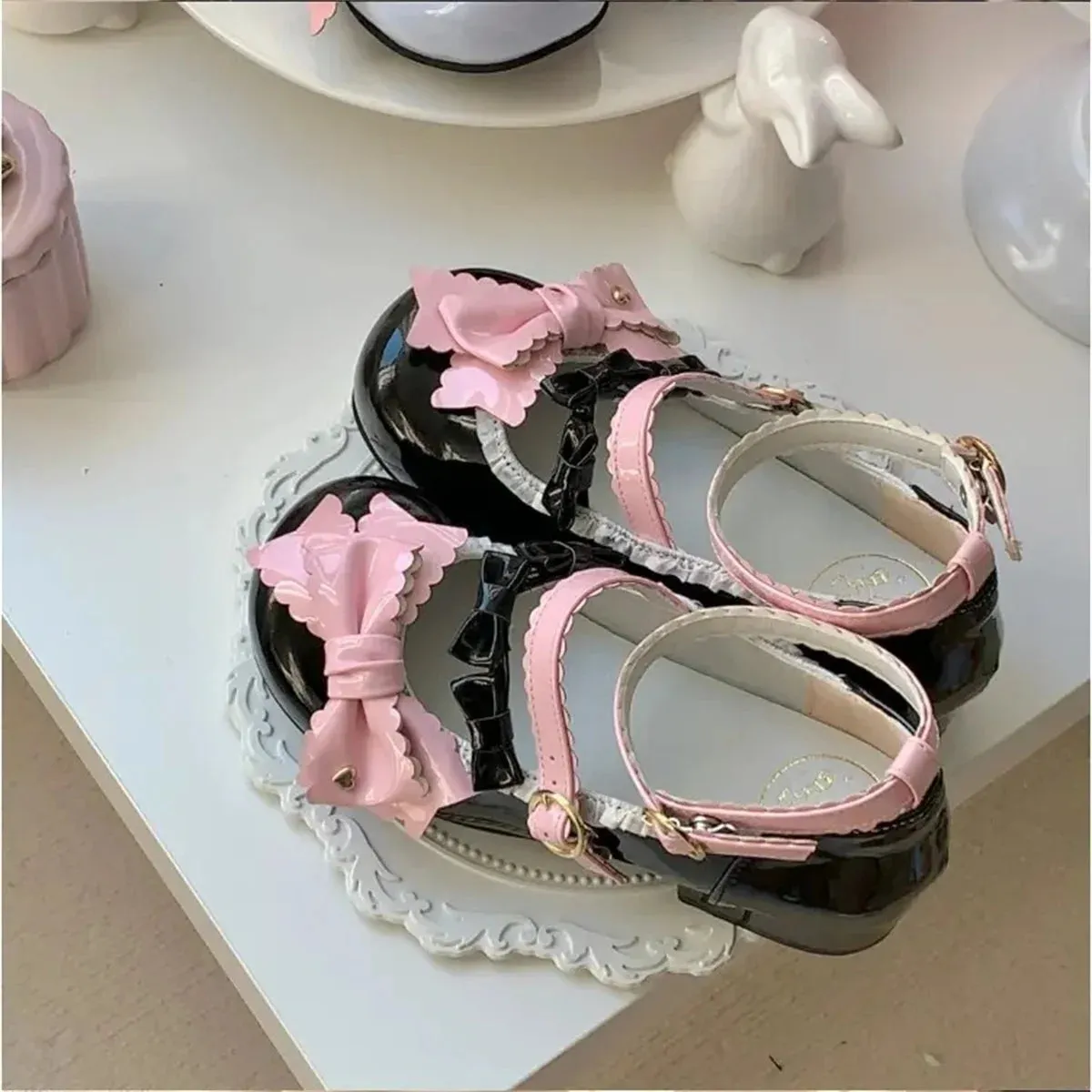 Sohiwoo Japanese Kawaii College Style Sweet Lolita Girls Shoes Mary Jane Dot Love Bowknot Round Head Loli 3-5cm PU Low Heel Shoes