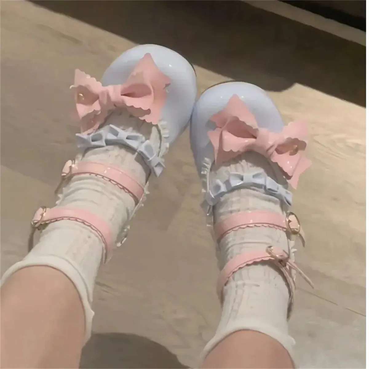 Sohiwoo Japanese Kawaii College Style Sweet Lolita Girls Shoes Mary Jane Dot Love Bowknot Round Head Loli 3-5cm PU Low Heel Shoes