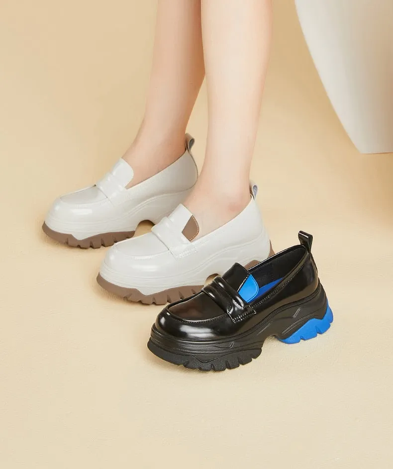 Wjczt Chunky Loafers Women Flat Platform Shoes Split Leather Round Toe Slip-On Female Penny Shoes
