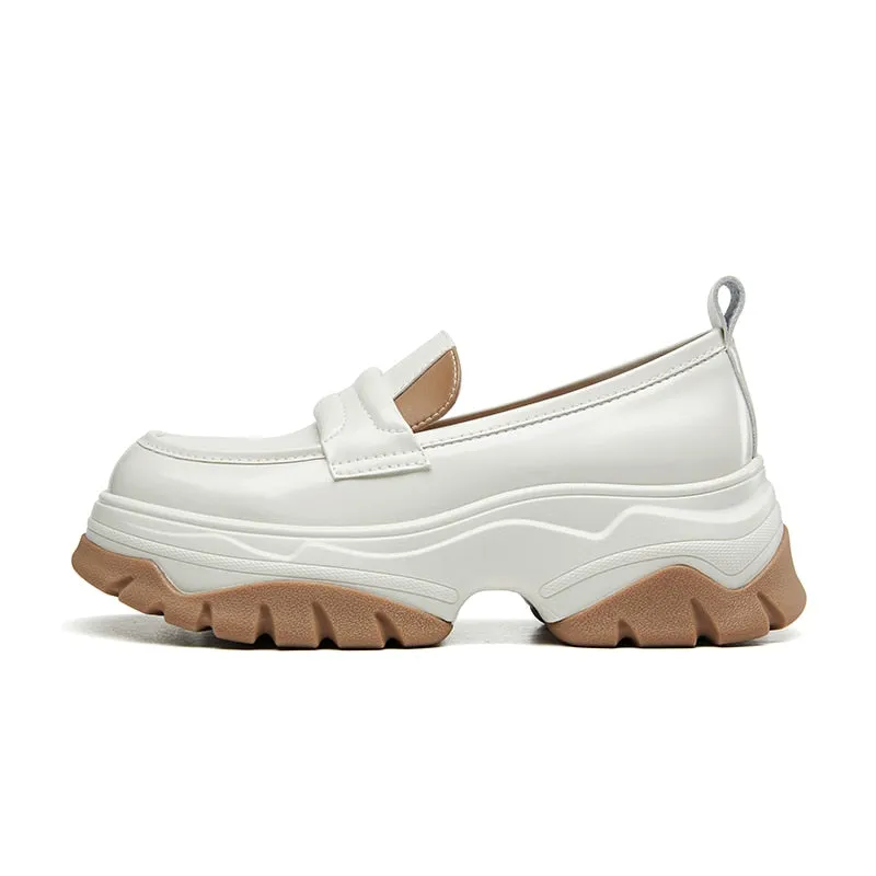 Wjczt Chunky Loafers Women Flat Platform Shoes Split Leather Round Toe Slip-On Female Penny Shoes