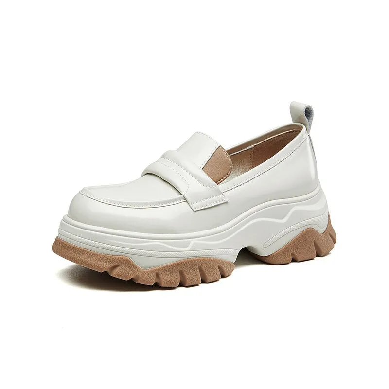 Wjczt Chunky Loafers Women Flat Platform Shoes Split Leather Round Toe Slip-On Female Penny Shoes