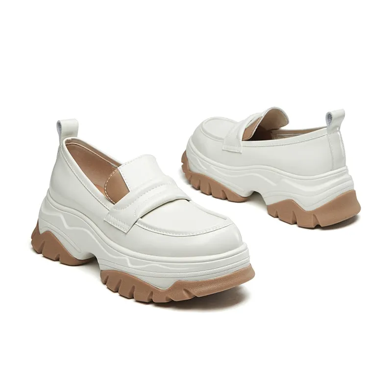 Wjczt Chunky Loafers Women Flat Platform Shoes Split Leather Round Toe Slip-On Female Penny Shoes
