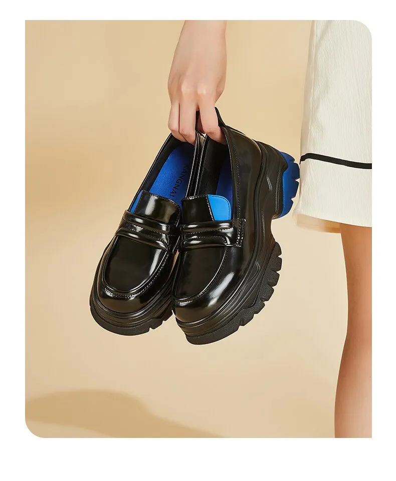 Wjczt Chunky Loafers Women Flat Platform Shoes Split Leather Round Toe Slip-On Female Penny Shoes