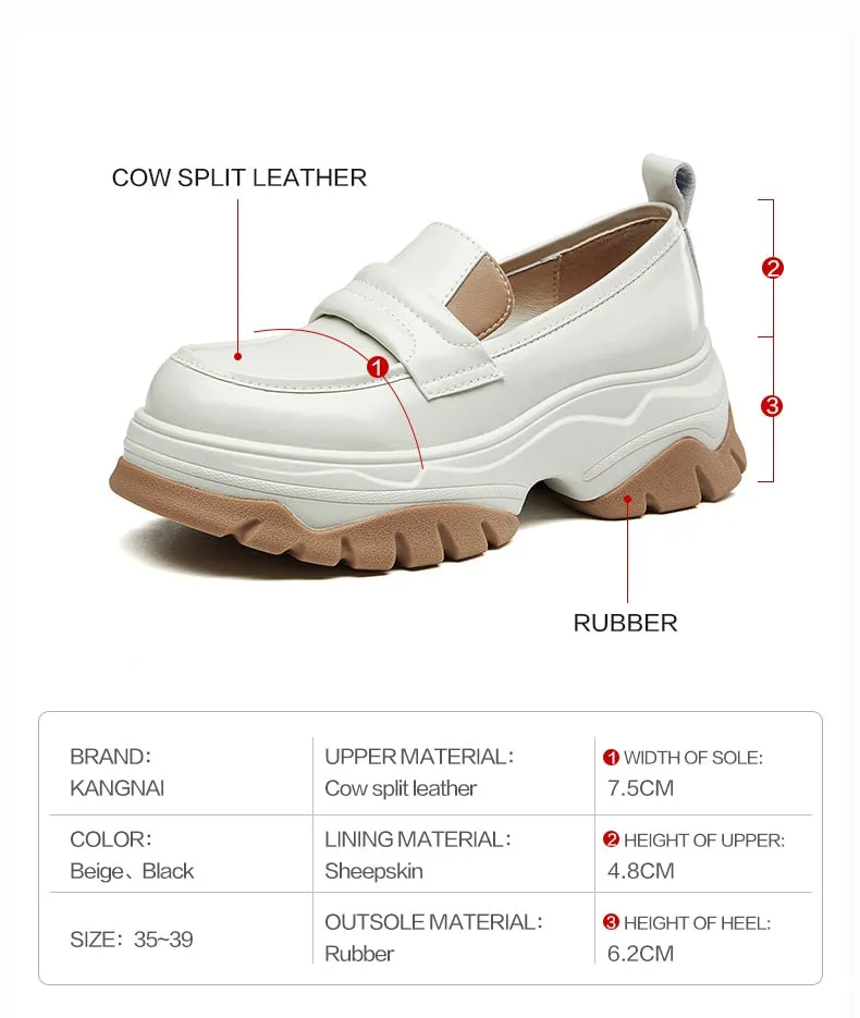 Wjczt Chunky Loafers Women Flat Platform Shoes Split Leather Round Toe Slip-On Female Penny Shoes
