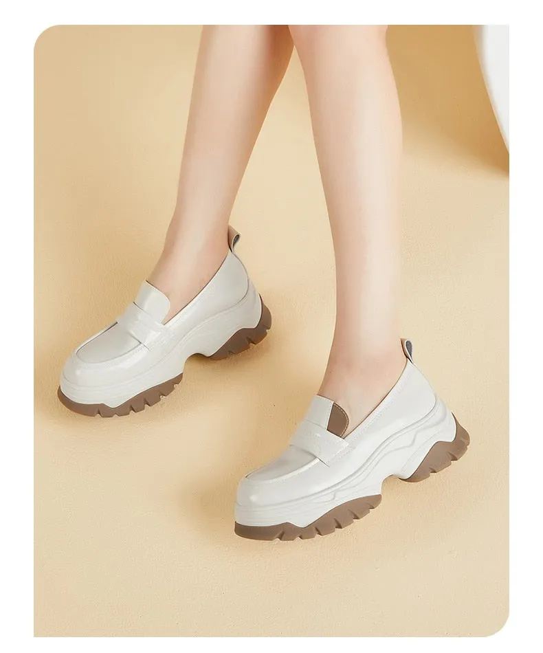 Wjczt Chunky Loafers Women Flat Platform Shoes Split Leather Round Toe Slip-On Female Penny Shoes