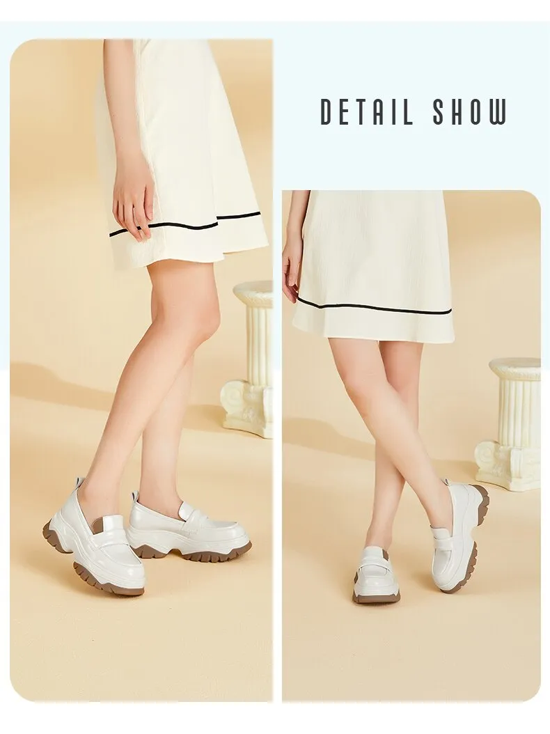 Wjczt Chunky Loafers Women Flat Platform Shoes Split Leather Round Toe Slip-On Female Penny Shoes
