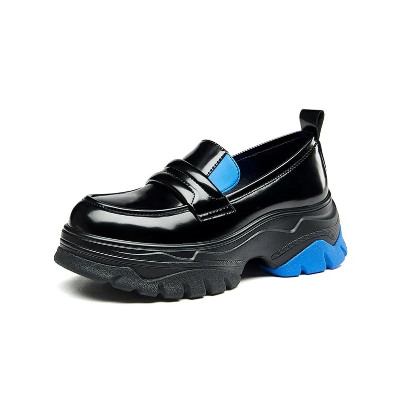 Wjczt Chunky Loafers Women Flat Platform Shoes Split Leather Round Toe Slip-On Female Penny Shoes
