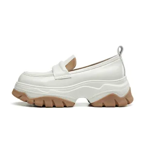 Wjczt Chunky Loafers Women Flat Platform Shoes Split Leather Round Toe Slip-On Female Penny Shoes