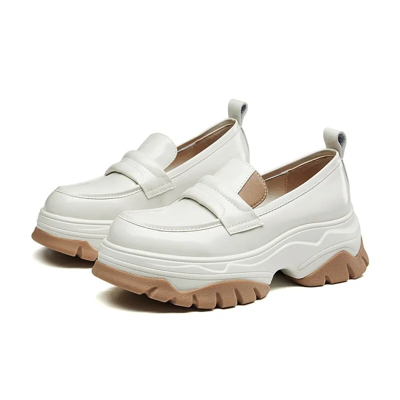 Wjczt Chunky Loafers Women Flat Platform Shoes Split Leather Round Toe Slip-On Female Penny Shoes