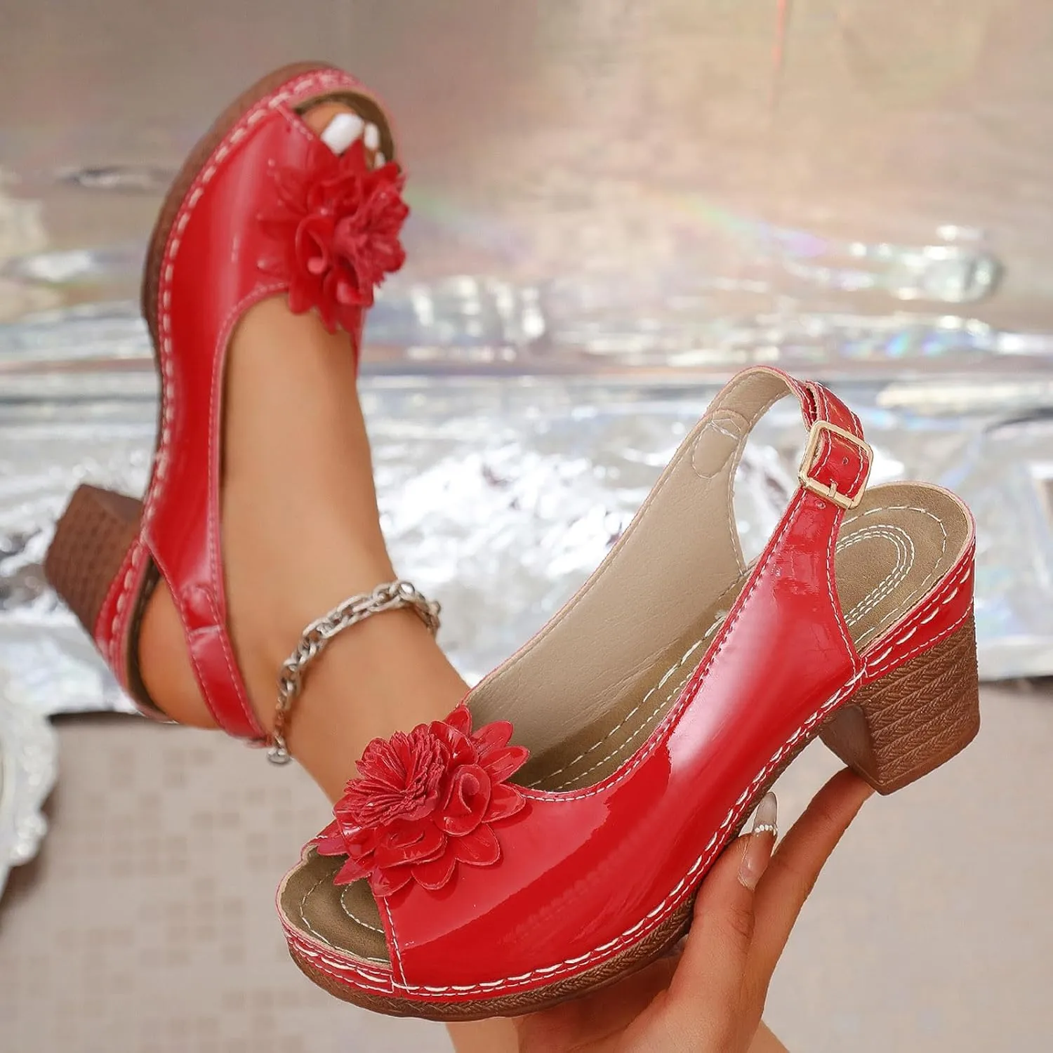 Women Open Toe Low Chunky Short Heels Ankle Strap Block Heel Sandals Hollow Out Non Slip Sandals with Floral Decor Dressy Summer Wedding Sandal with Adjustable Buckle Strap
