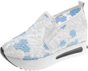 Women's Fashion Sneakers Summer Platform Shoes Hidden Wedge High Top Walking Sneakers Embroidery Floral Mesh Slip On Loafers Casual Shoes with Arch Support