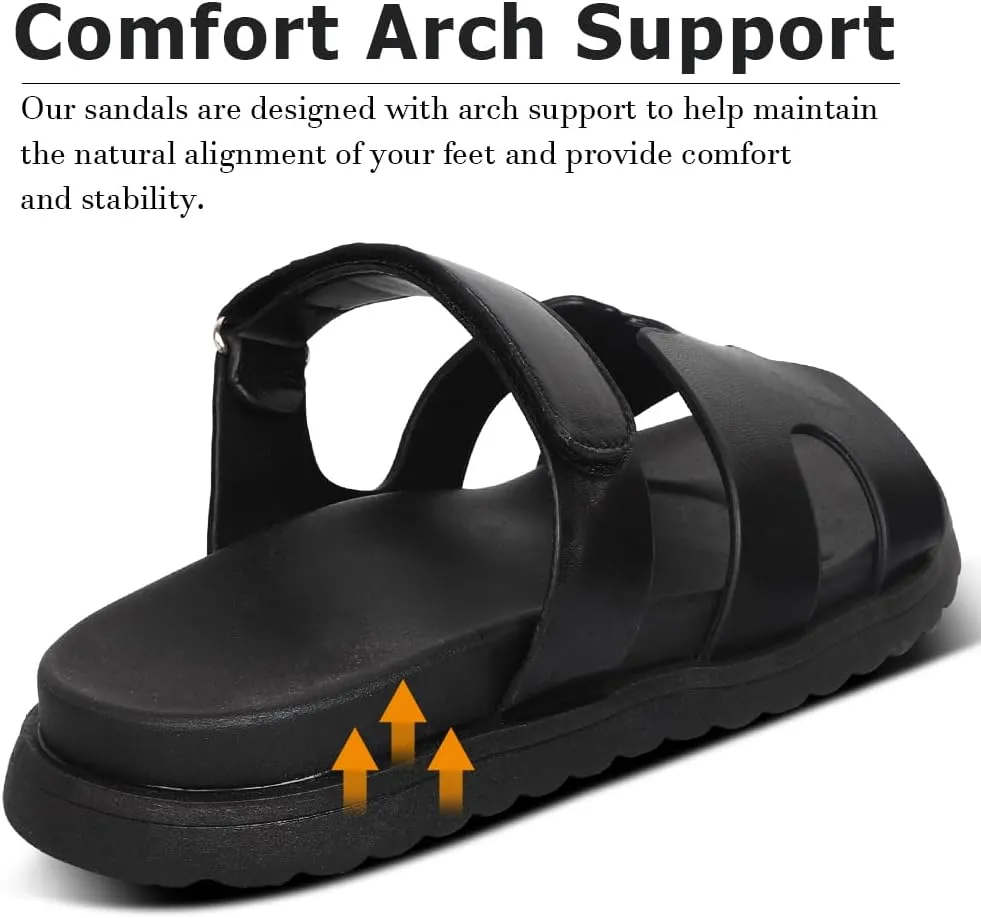 Womens Platform Sandals H Band Sandals for Women Slip On Sandals Leather Sandals for Women Velcro Adjustable