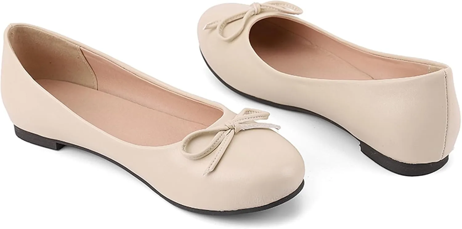Women's Round Toe Flat Heel Loafers Slip-on Dress Shoes with Bows
